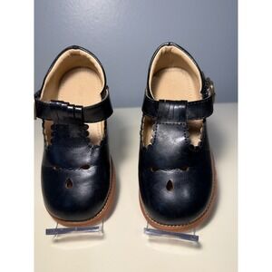 Kids Black Leather Mary Jane Shoes Scalloped Trim Buckle Strap Size 8